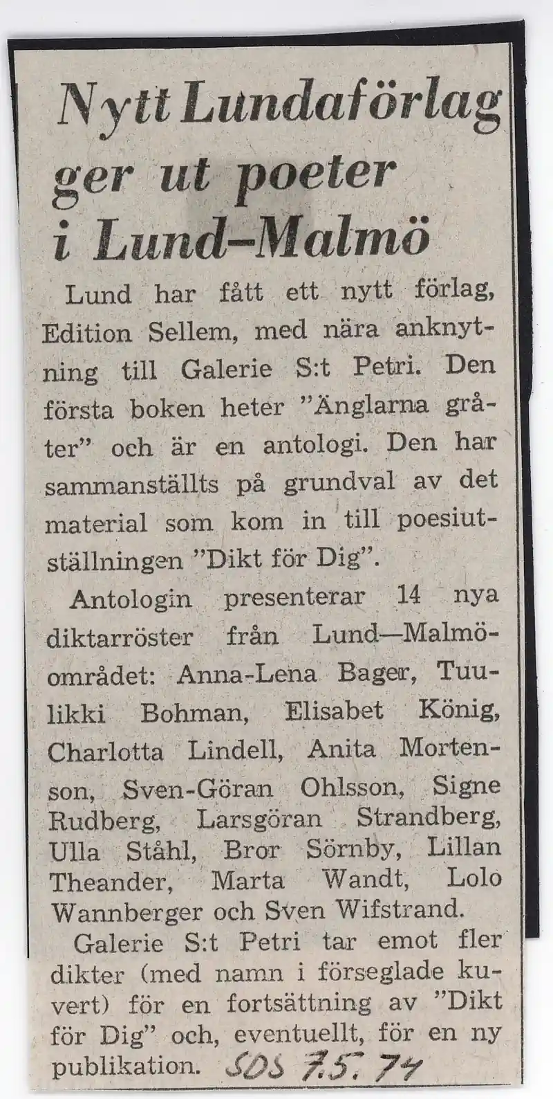 FALL 73 TO SPRING 74 DIKT FÖR DIG — Sheet 1